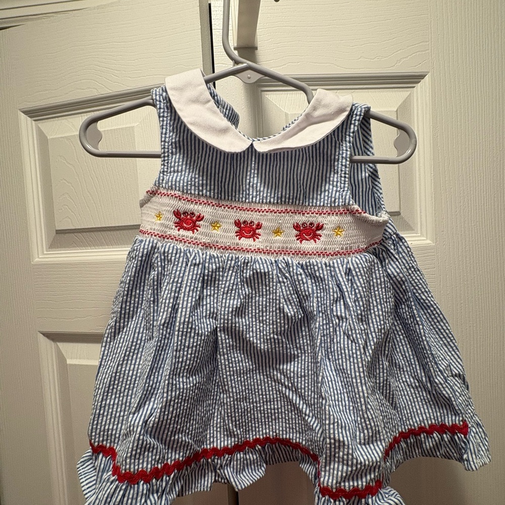 Seersucker Baby Dress with Crab Embroidery